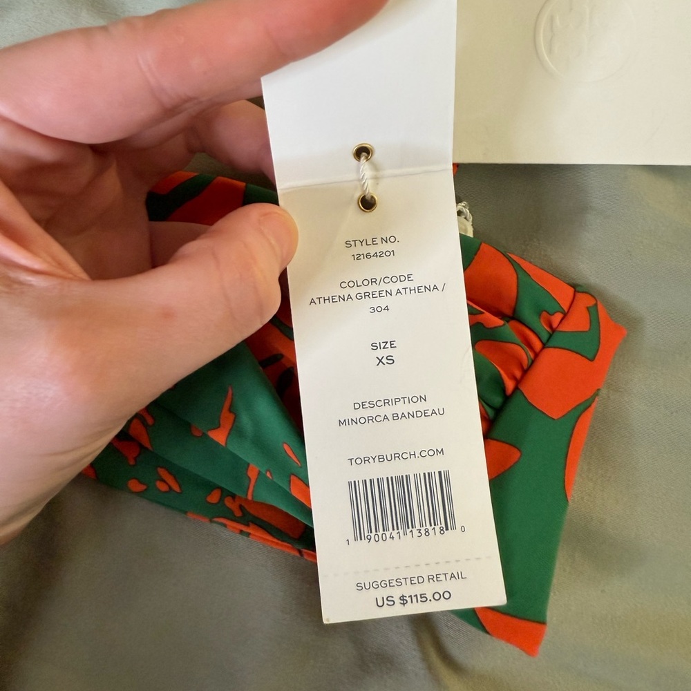 Tory Burch Green & Orange Floral Bandeau Swim Top with Removable Strap - Picture 2 of 4